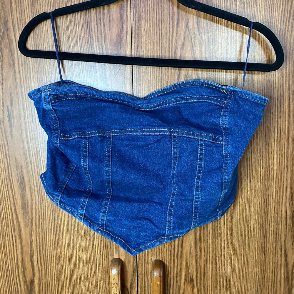 LA ARMARIO Denim Corset Tube Top Womens XL Blue‎ Handkerchief Hem Smocked Back
